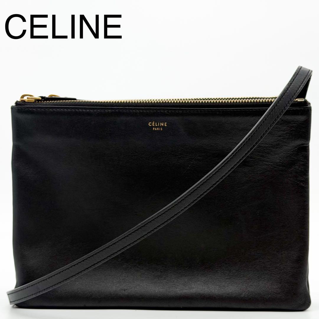 Celine Trio Large Shoulder Bag Black Leather Clutch