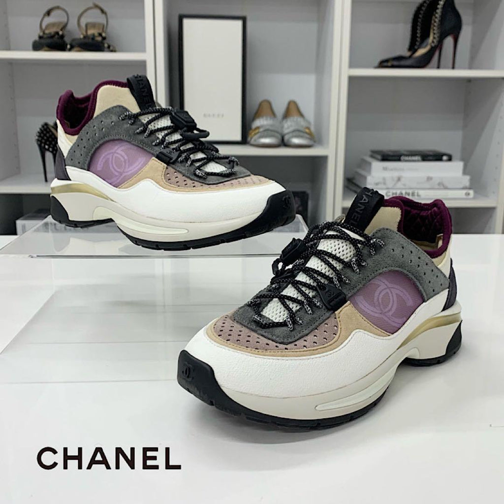Chanel CC Logo Mesh Suede Leather Fabric Sneakers