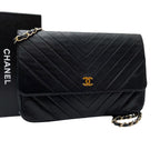 Chanel Lambskin Stitch CC Logo Chain Shoulder Bag Black