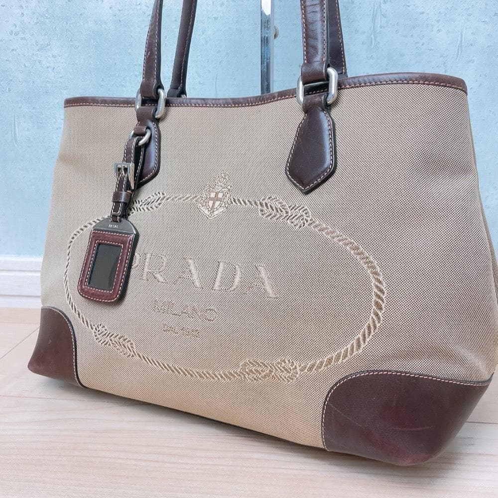 Prada Jacquard Canvas Tote Logo Brown