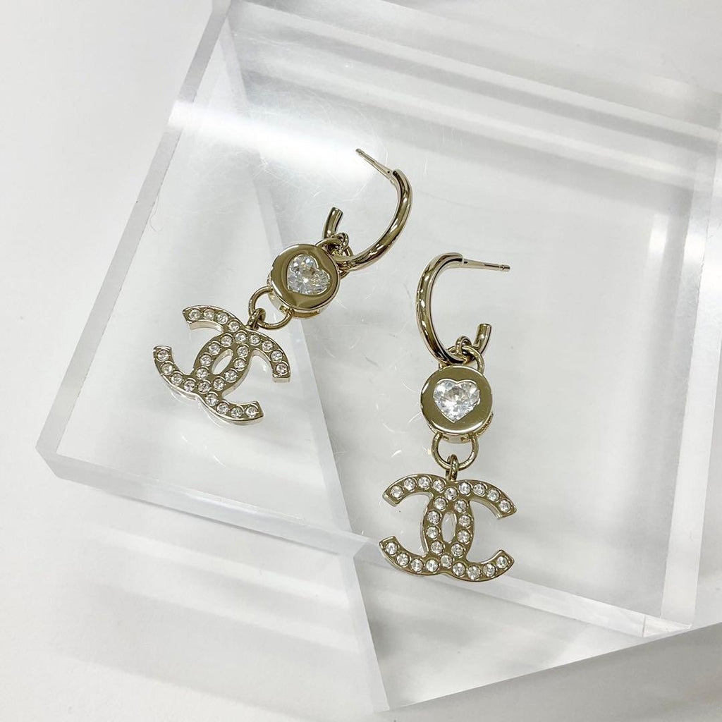 Chanel Earrings CC Logo Crystal Rhinestone Gold