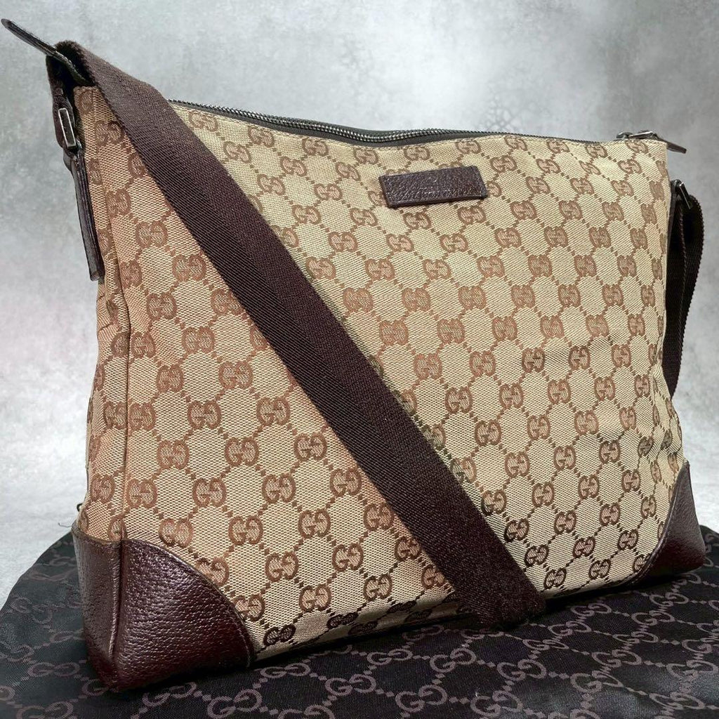 Gucci GG Shoulder Bag Brown Beige Leather Canvas