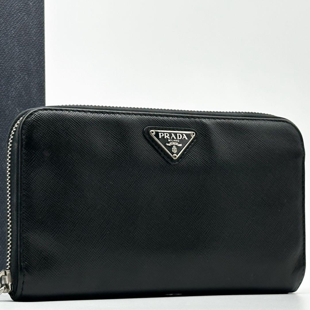 Prada Saffiano Zip Around Triangle Logo Leather Wallet