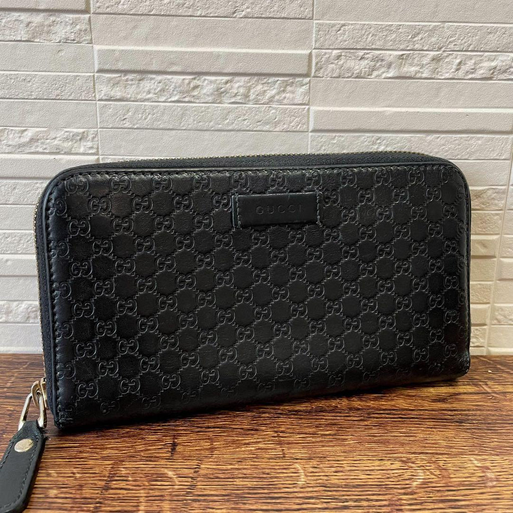 Gucci GG Guccissima All Over Pattern Wallet Round Zip Leather Black