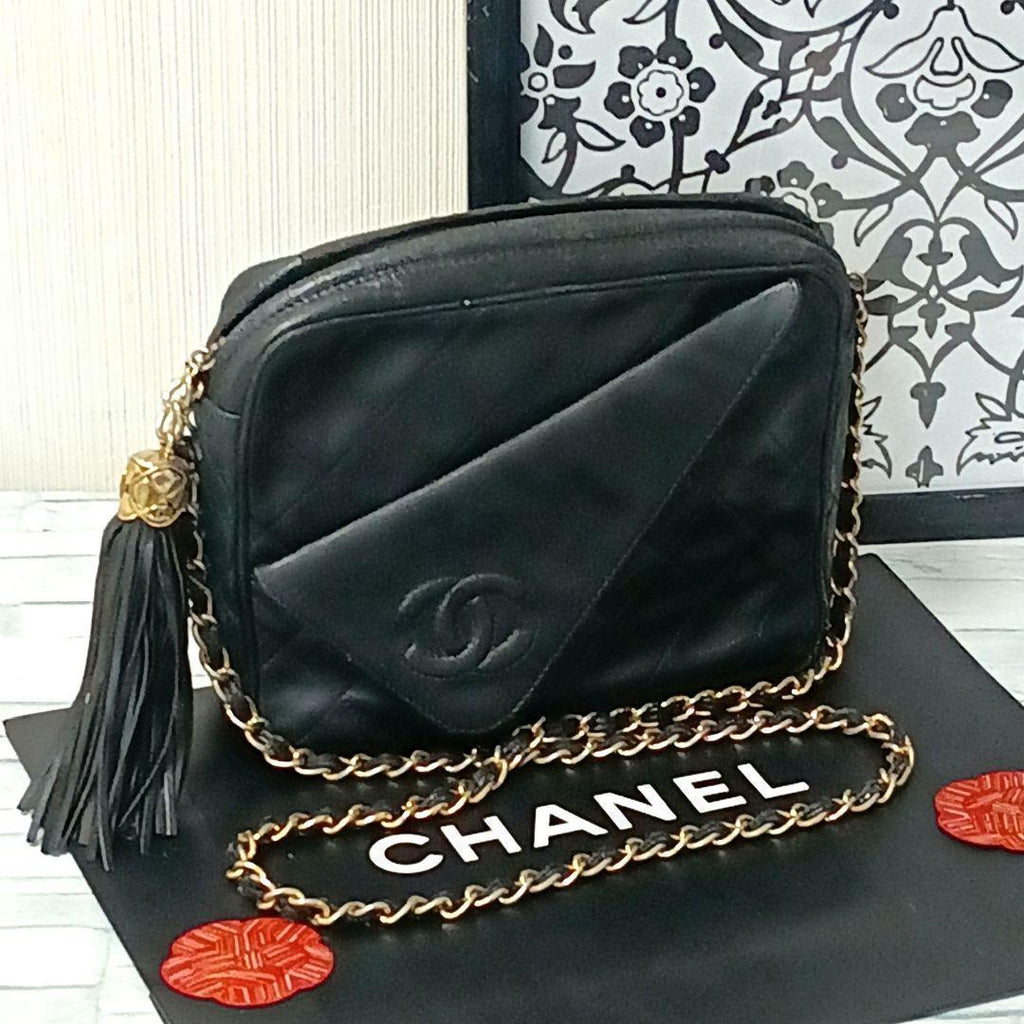 Chanel Quilted Chain Shoulder Lambskin Fringe Black