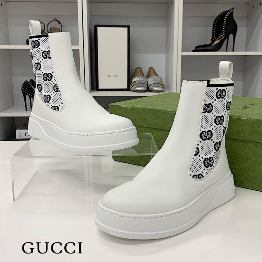 Gucci GG Supreme Leather Logo Side Gore Boots White