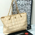 Chanel Quilted Enamel Chain Shoulder Tote Beige