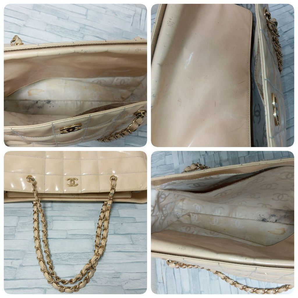 Chanel Quilted Enamel Chain Shoulder Tote Beige — view 9