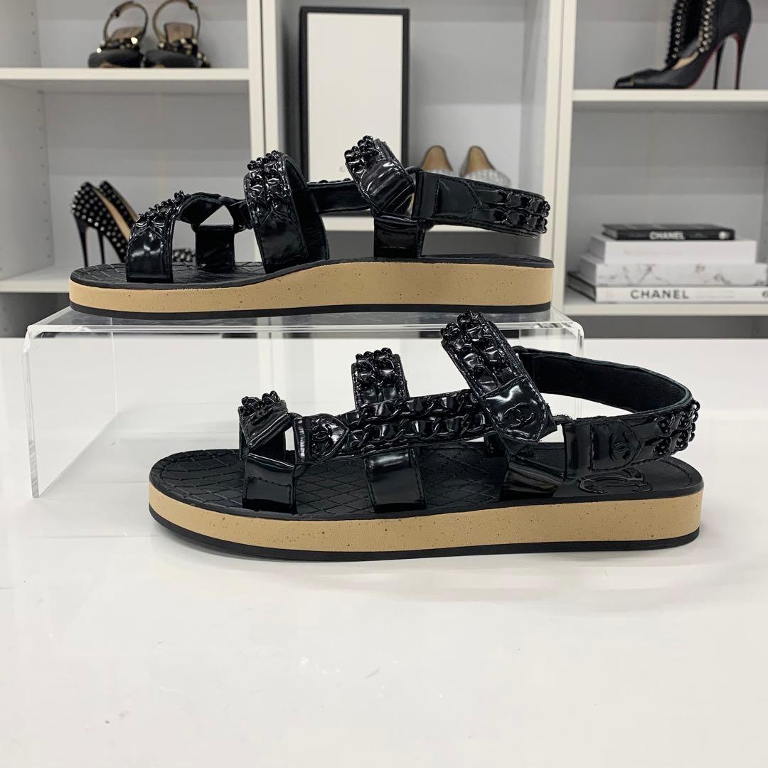 Chanel CC Logo Leather Chain Velcro Sandals Black — view 3