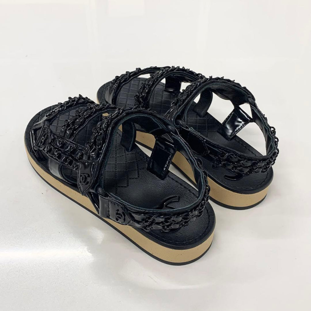 Chanel CC Logo Leather Chain Velcro Sandals Black — view 4