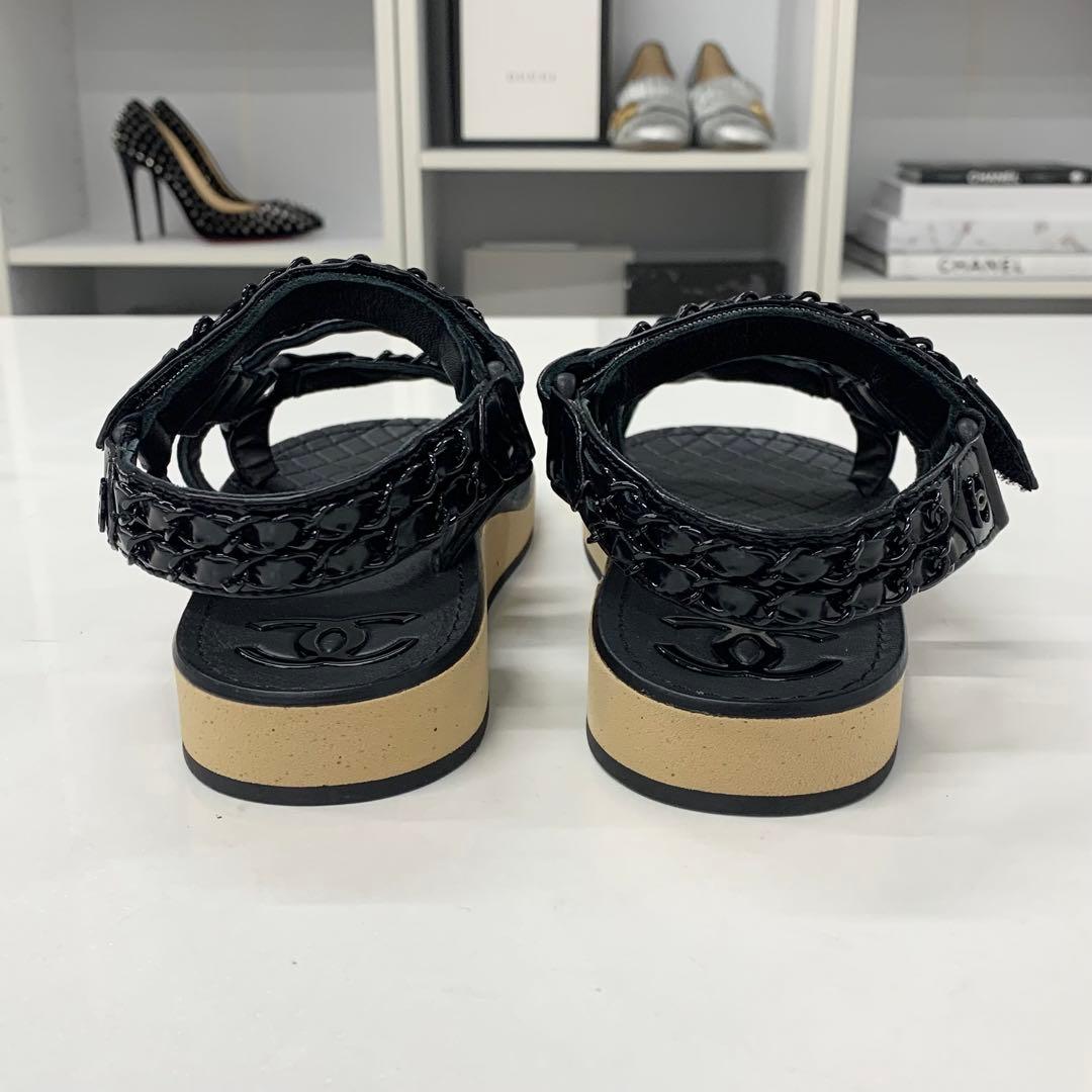 Chanel CC Logo Leather Chain Velcro Sandals Black — view 5