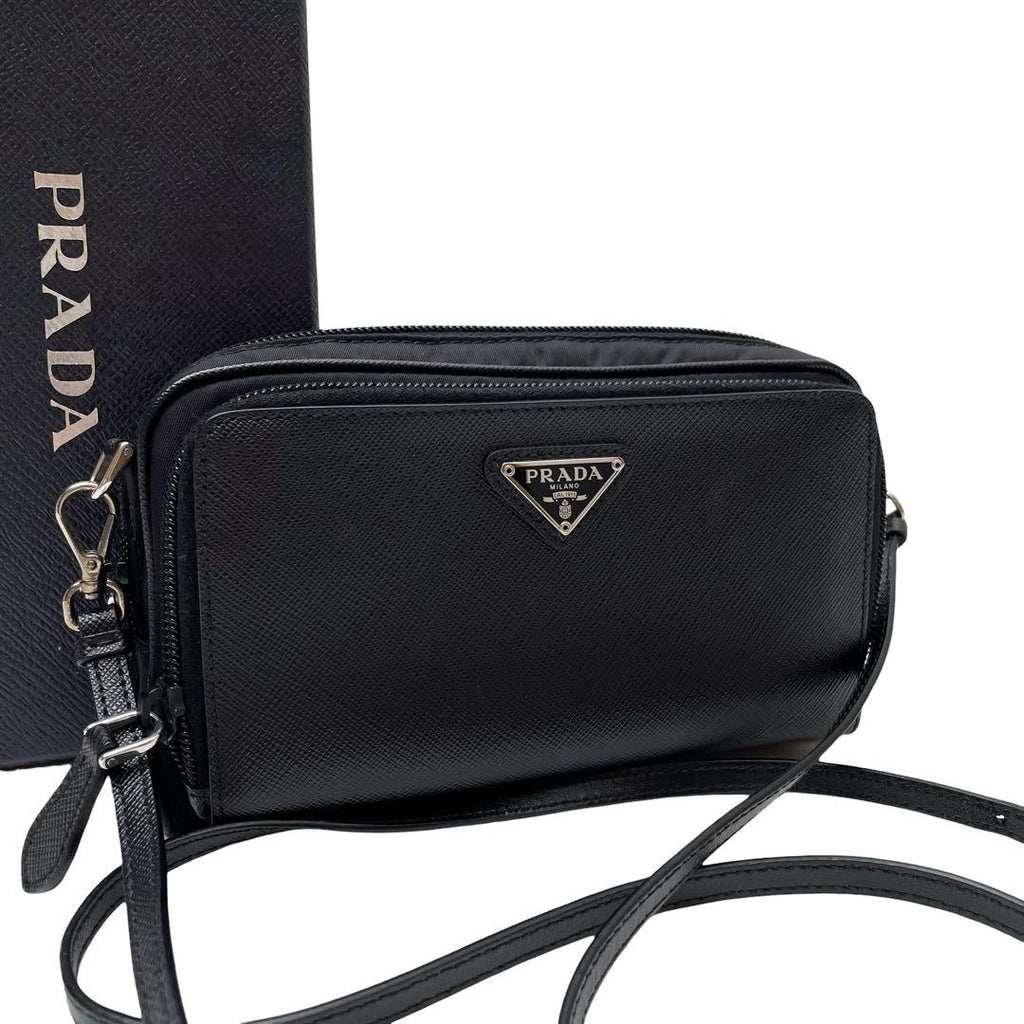 Prada Saffiano Nylon Triangle Plate Logo Shoulder Bag