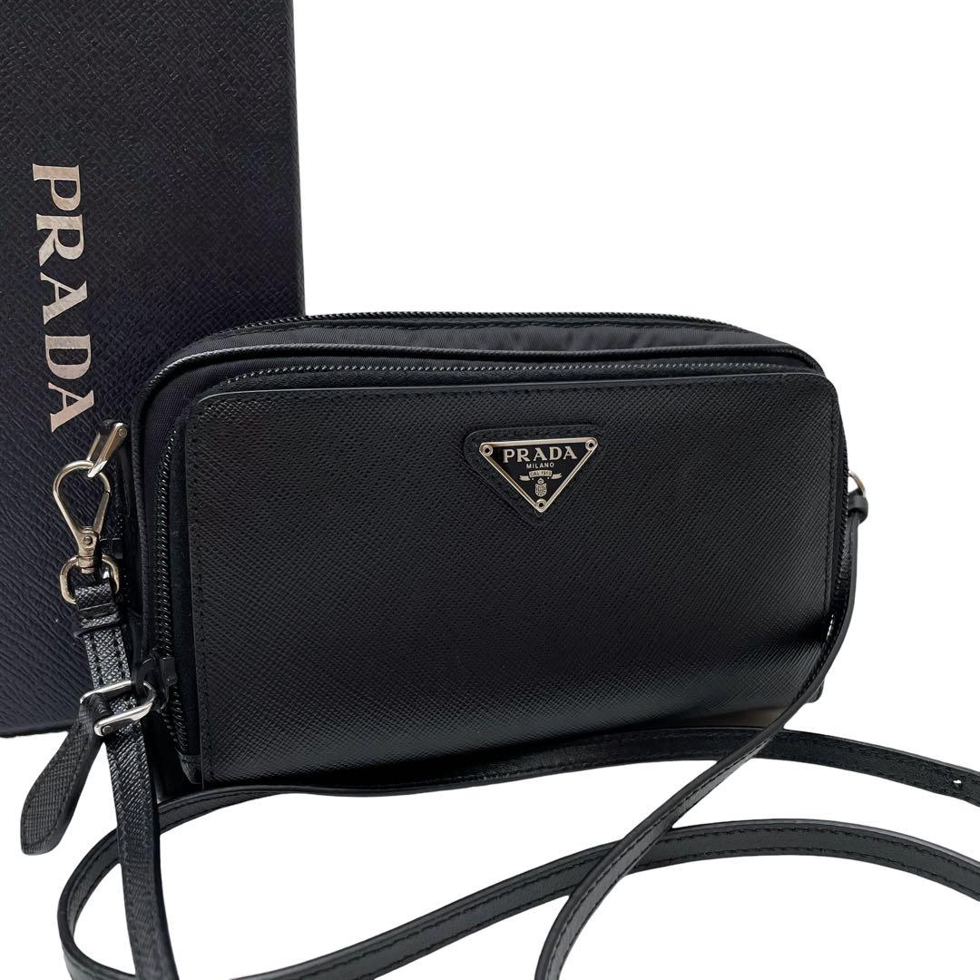 Prada Saffiano Nylon Triangle Plate Logo Shoulder Bag