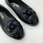 Chanel Leather Patent Camellia CC Logo Flat Shoes — view 9