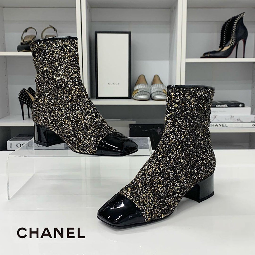 Chanel CC Logo Glitter Patent Short Boots Black