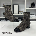 Chanel CC Logo Glitter Patent Short Boots Black