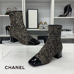 Chanel CC Logo Glitter Patent Short Boots Black