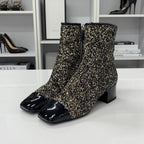 Chanel CC Logo Glitter Patent Short Boots Black — view 3