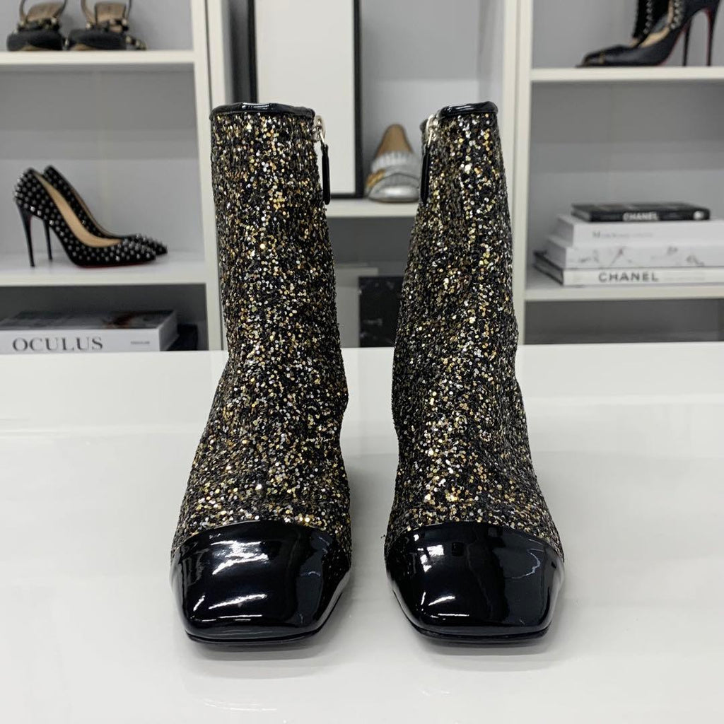 Chanel CC Logo Glitter Patent Short Boots Black — view 4