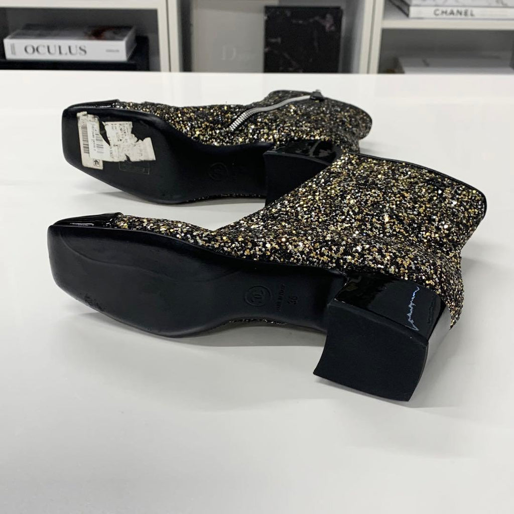Chanel CC Logo Glitter Patent Short Boots Black — view 7