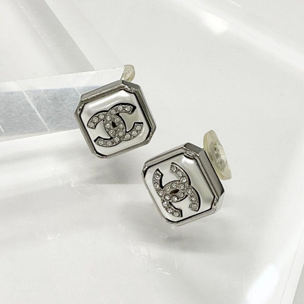 Chanel Earrings CC Logo Square Pearl Rhinestone Silver