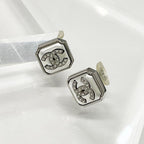 Chanel Earrings CC Logo Square Pearl Rhinestone Silver