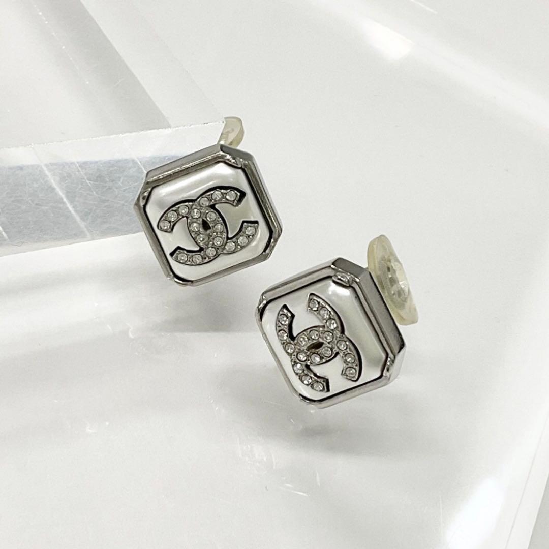 Chanel Earrings CC Logo Square Pearl Rhinestone Silver
