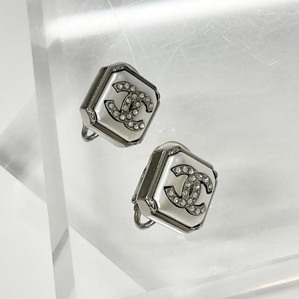Chanel Earrings CC Logo Square Pearl Rhinestone Silver — view 2