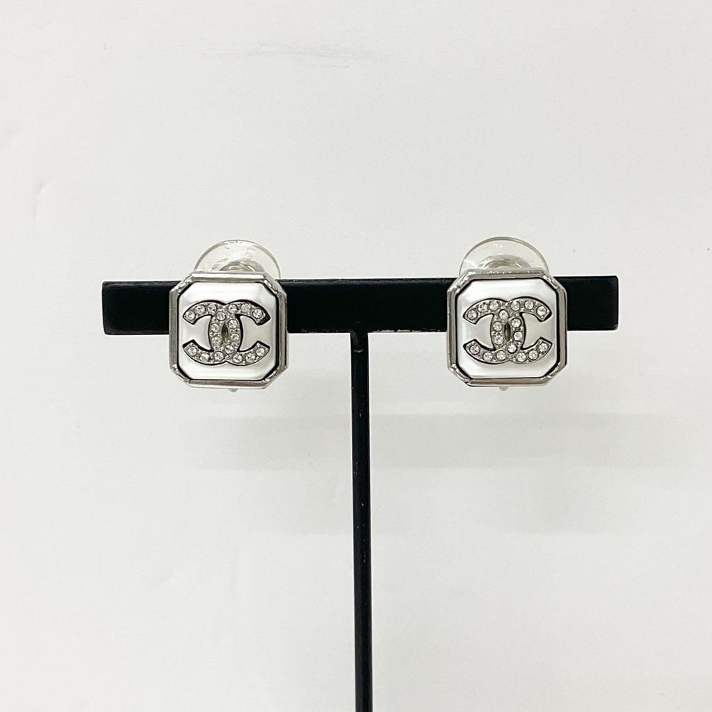 Chanel Earrings CC Logo Square Pearl Rhinestone Silver — view 6