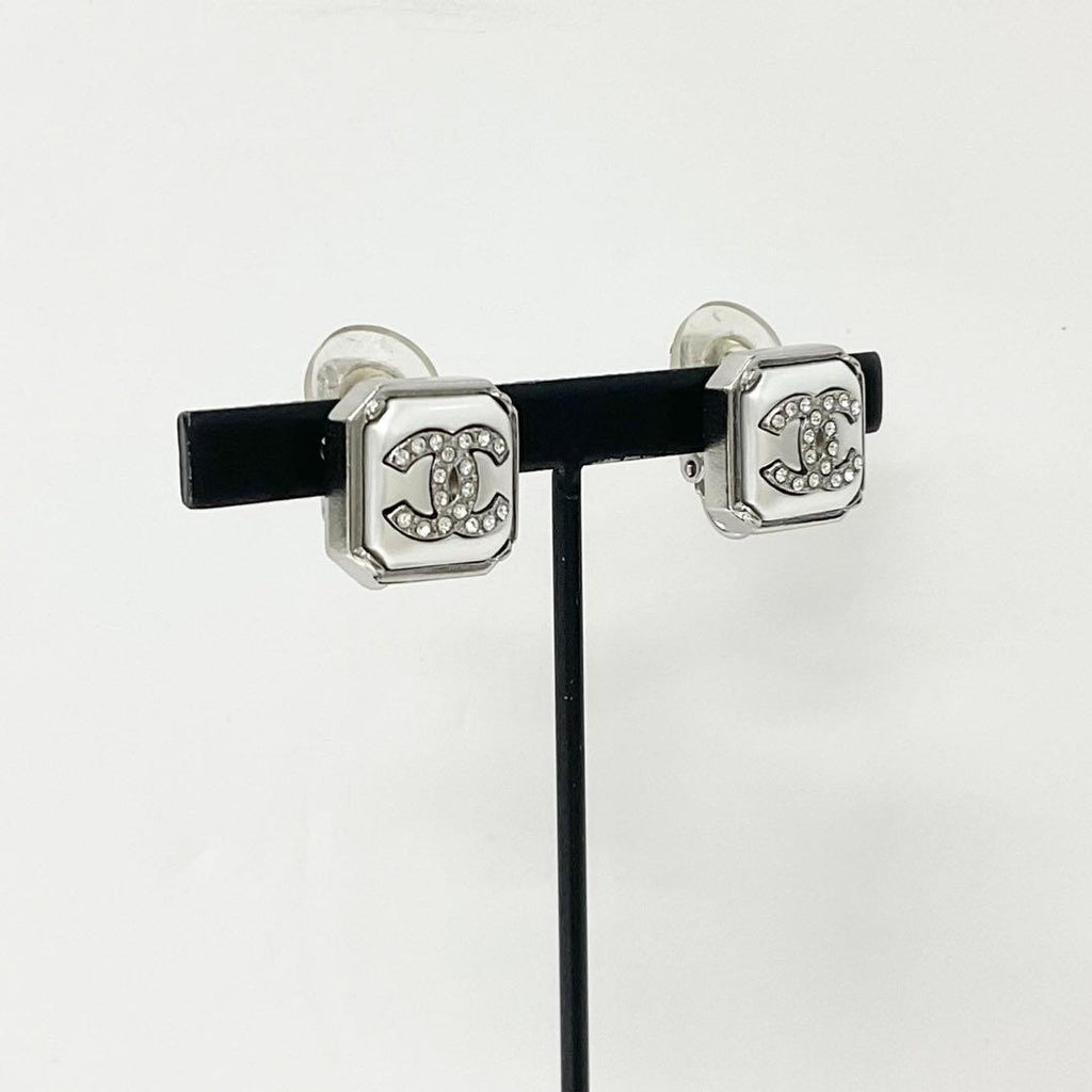 Chanel Earrings CC Logo Square Pearl Rhinestone Silver — view 7
