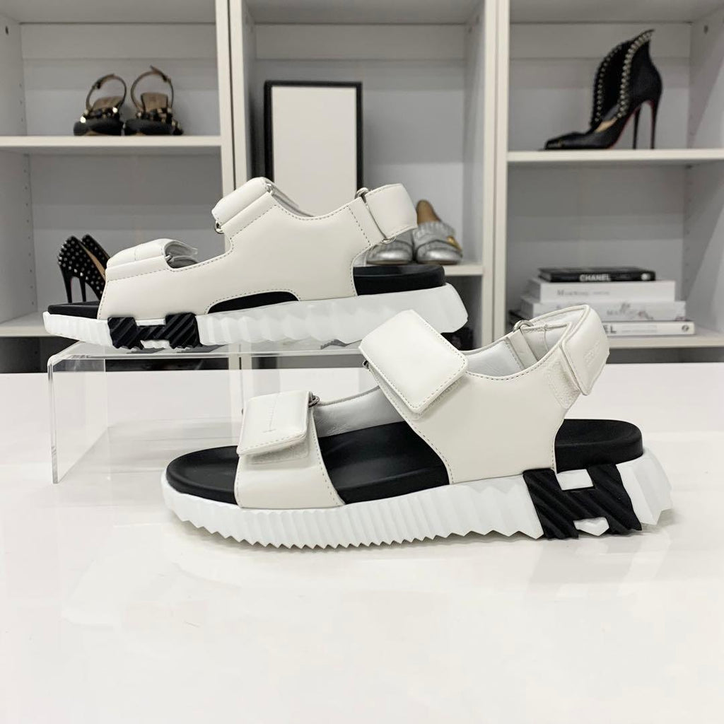 Hermes Junior Logo Leather Velcro Sandals White Black — view 3