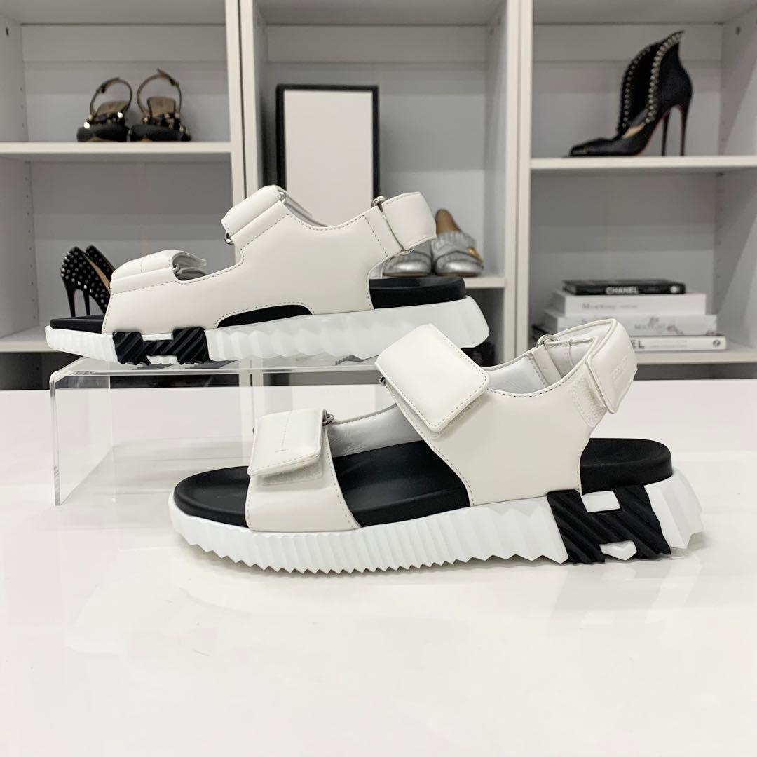 Hermes Junior Logo Leather Velcro Sandals White Black — view 3