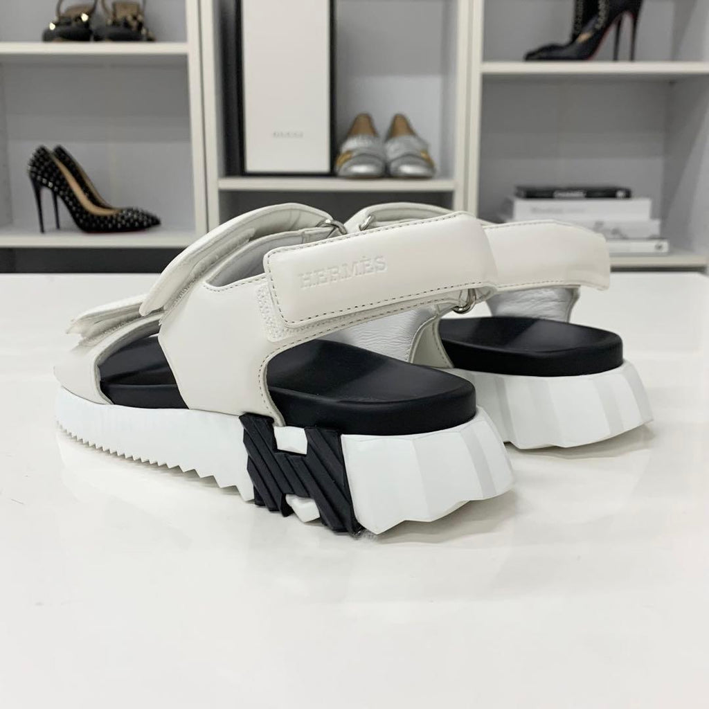 Hermes Junior Logo Leather Velcro Sandals White Black — view 4