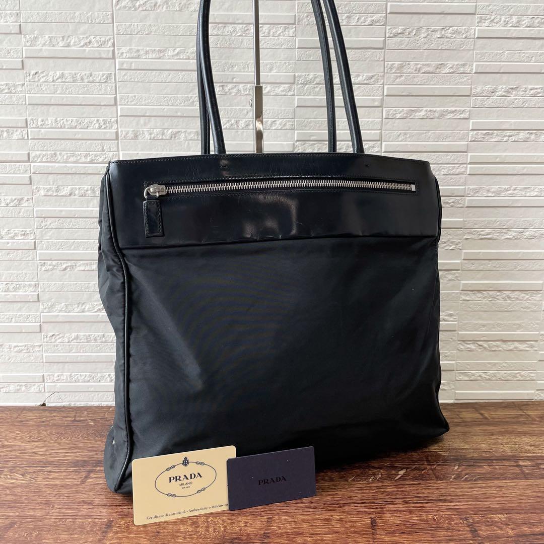 Prada Nylon Leather Triangle Plate Logo Shoulder Tote Black