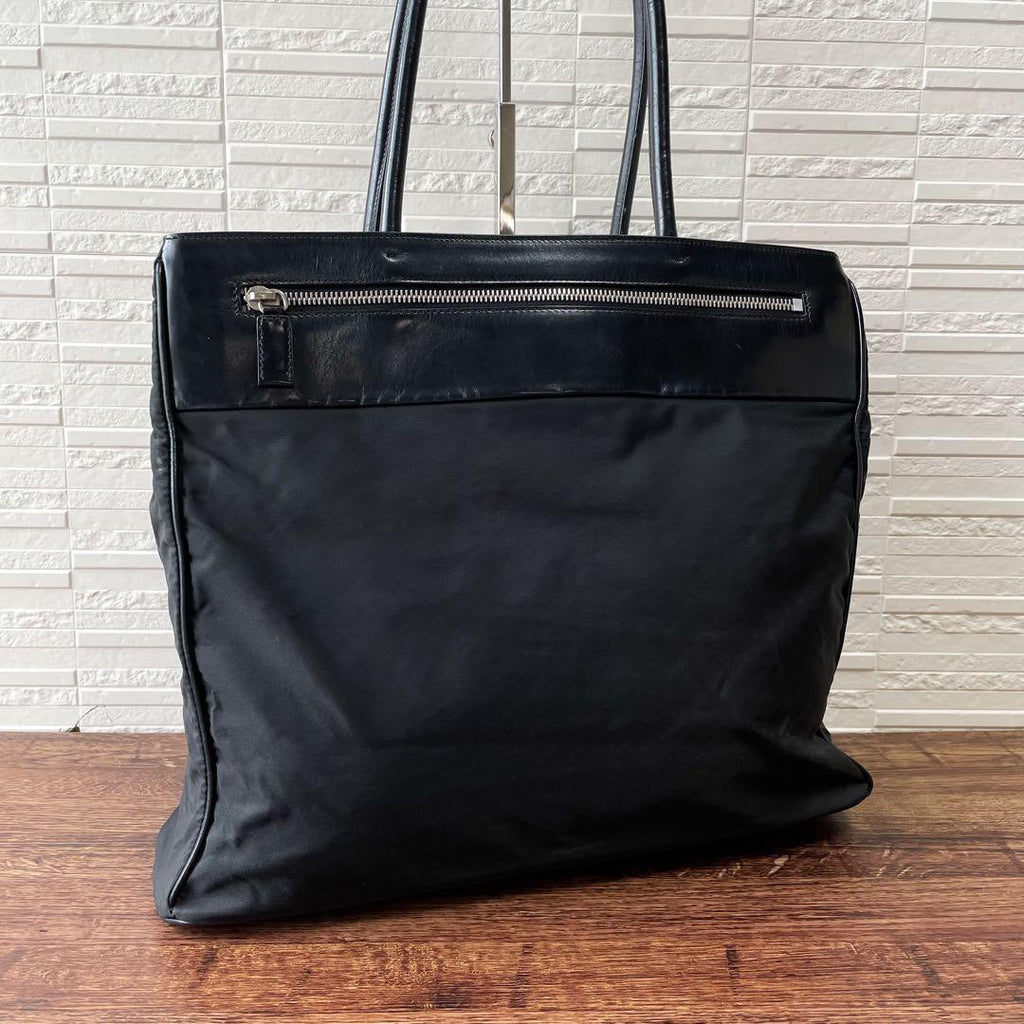 Prada Nylon Leather Triangle Plate Logo Shoulder Tote Black — view 3