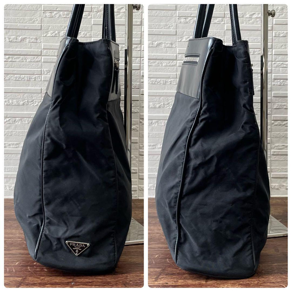 Prada Nylon Leather Triangle Plate Logo Shoulder Tote Black — view 4
