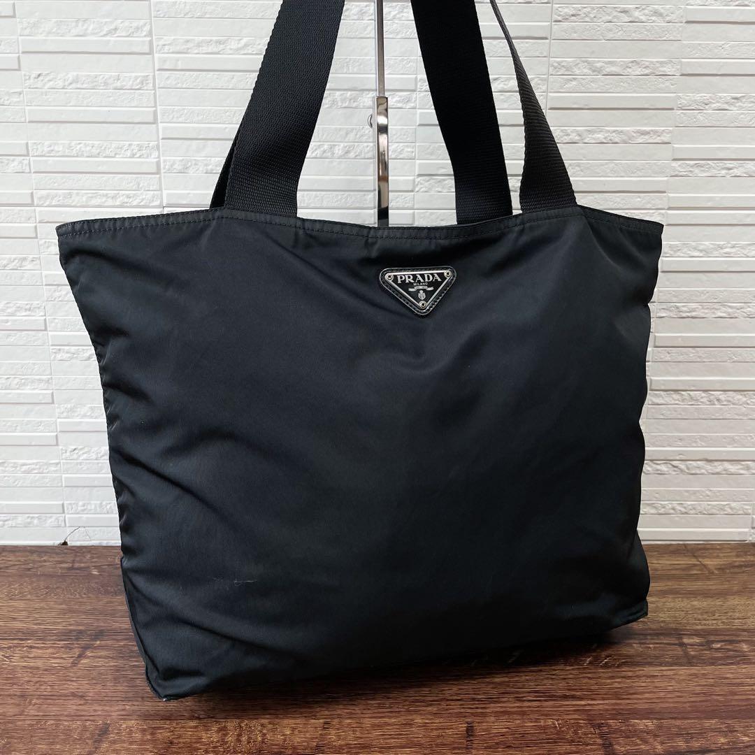 Prada Nylon Triangle Plate Logo Shoulder Tote Black