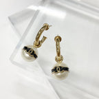 Chanel Earrings CC Logo Pearl Hoop Gold