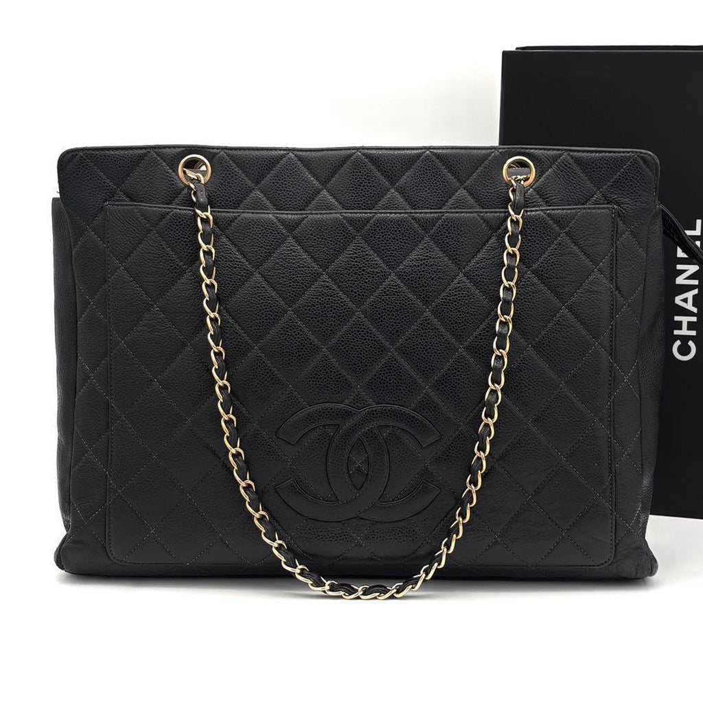 Chanel Quilted Jumbo CC Logo Chain Tote Bag Gold Caviar Leather