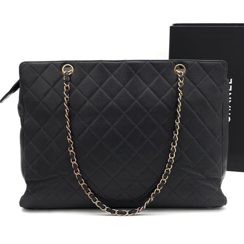 Chanel Quilted Jumbo CC Logo Chain Tote Bag Gold Caviar Leather — view 2