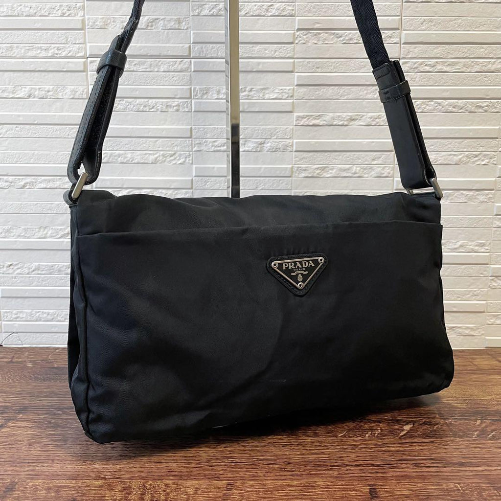 Prada Nylon Leather Triangle Plate Logo Shoulder Bag Black