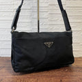 Prada Nylon Leather Triangle Plate Logo Shoulder Bag Black