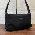 Prada Nylon Leather Triangle Plate Logo Shoulder Bag Black