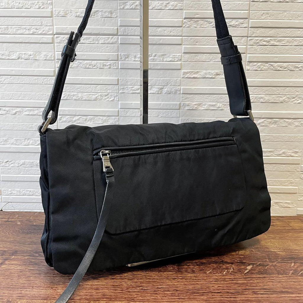 Prada Nylon Leather Triangle Plate Logo Shoulder Bag Black
