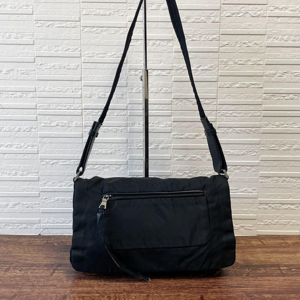 Prada Nylon Leather Triangle Plate Logo Shoulder Bag Black