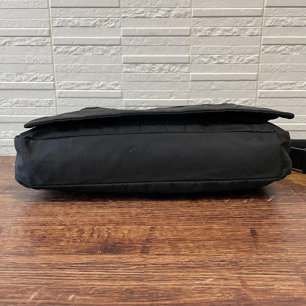 Prada Nylon Leather Triangle Plate Logo Shoulder Bag Black