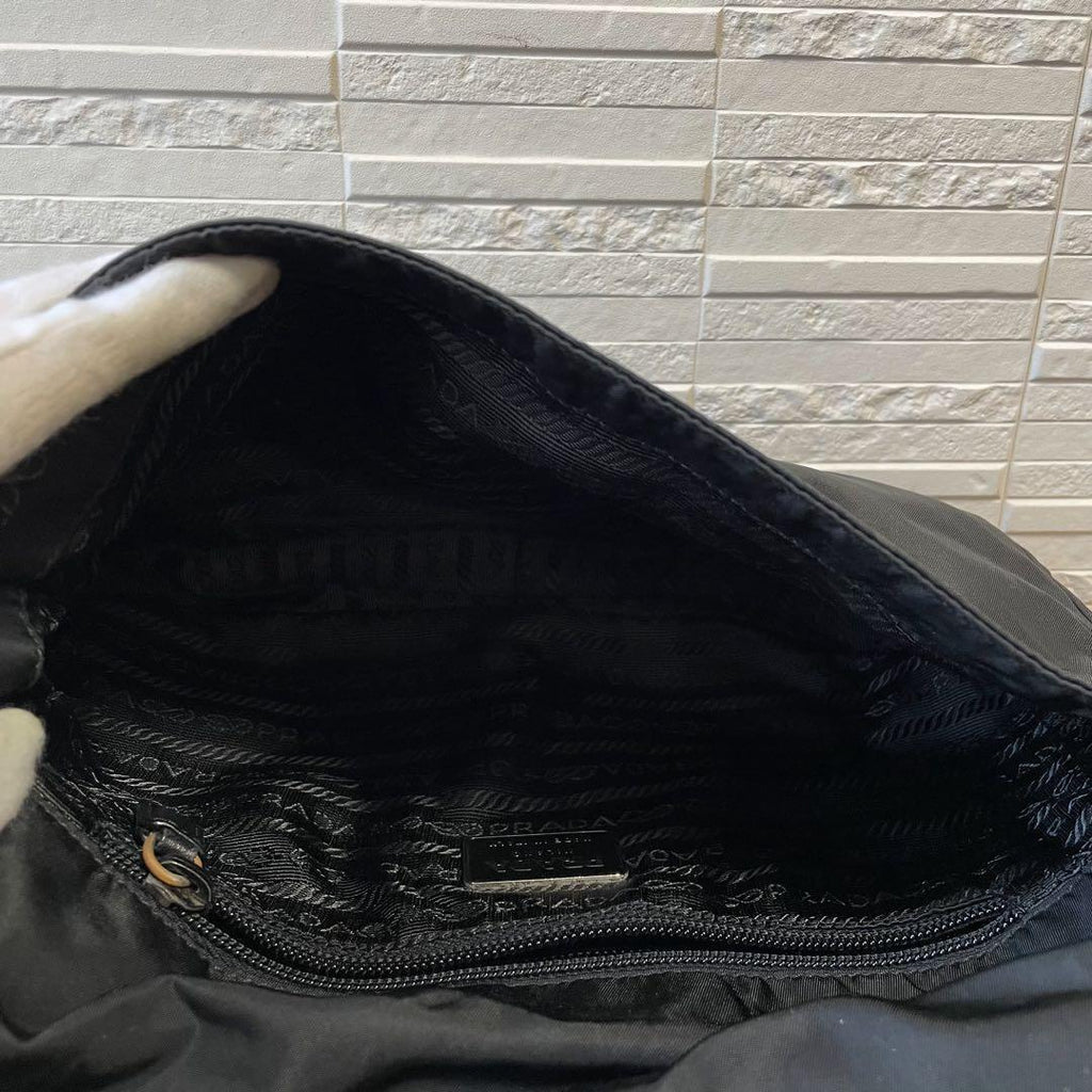 Prada Nylon Leather Triangle Plate Logo Shoulder Bag Black
