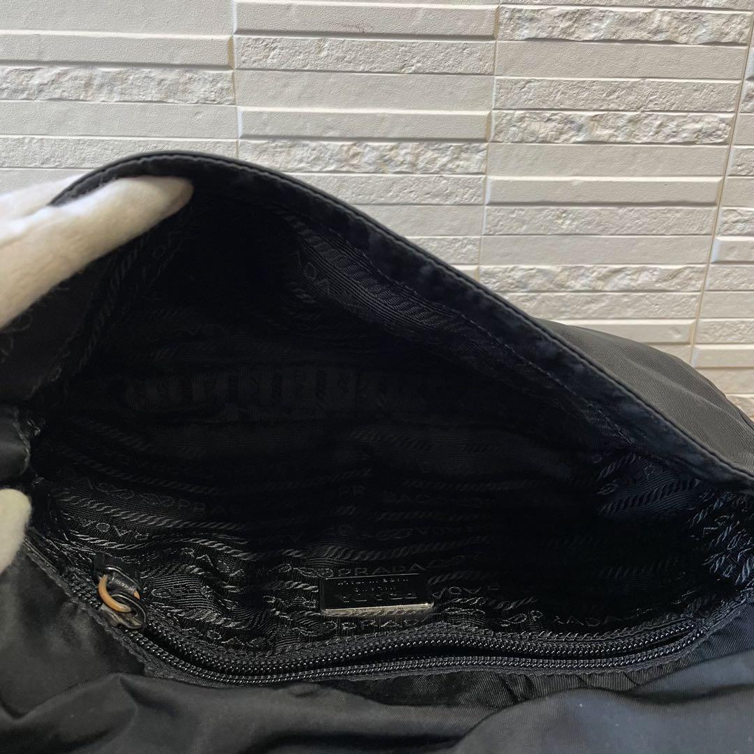 Prada Nylon Leather Triangle Plate Logo Shoulder Bag Black