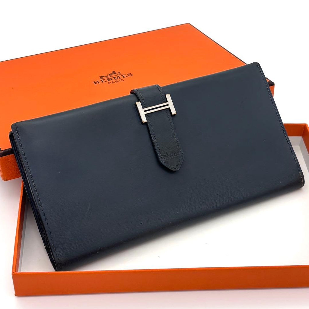 Hermes Bearn Classic Box Calf Navy Wallet Bifold