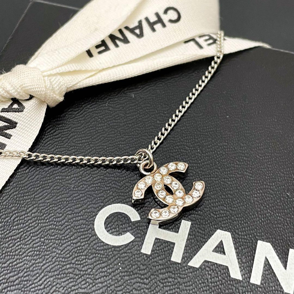 Chanel CC Logo Necklace Rhinestone Icon Silver